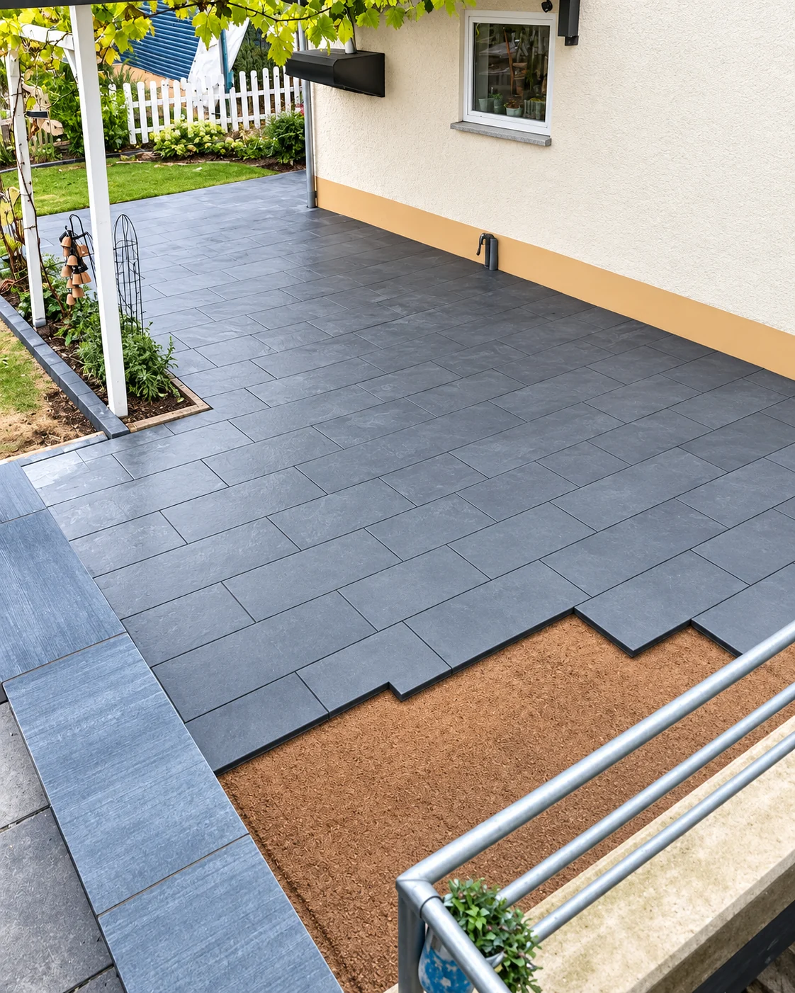 Verlegte dunkle Terrassenplatten am Wohnhaus