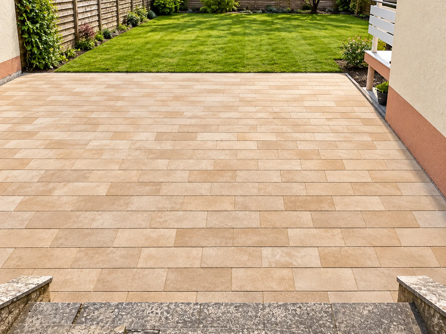 Helle Terrassenplatten an einem Garten