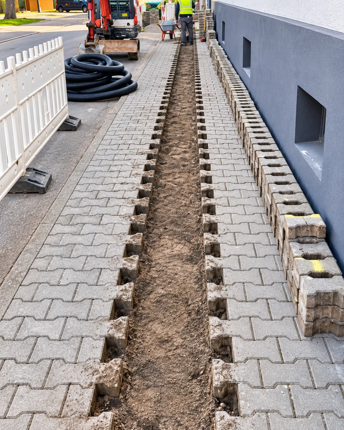 Geöffneter Leitungsgraben entlang einer gepflasterten Fläche