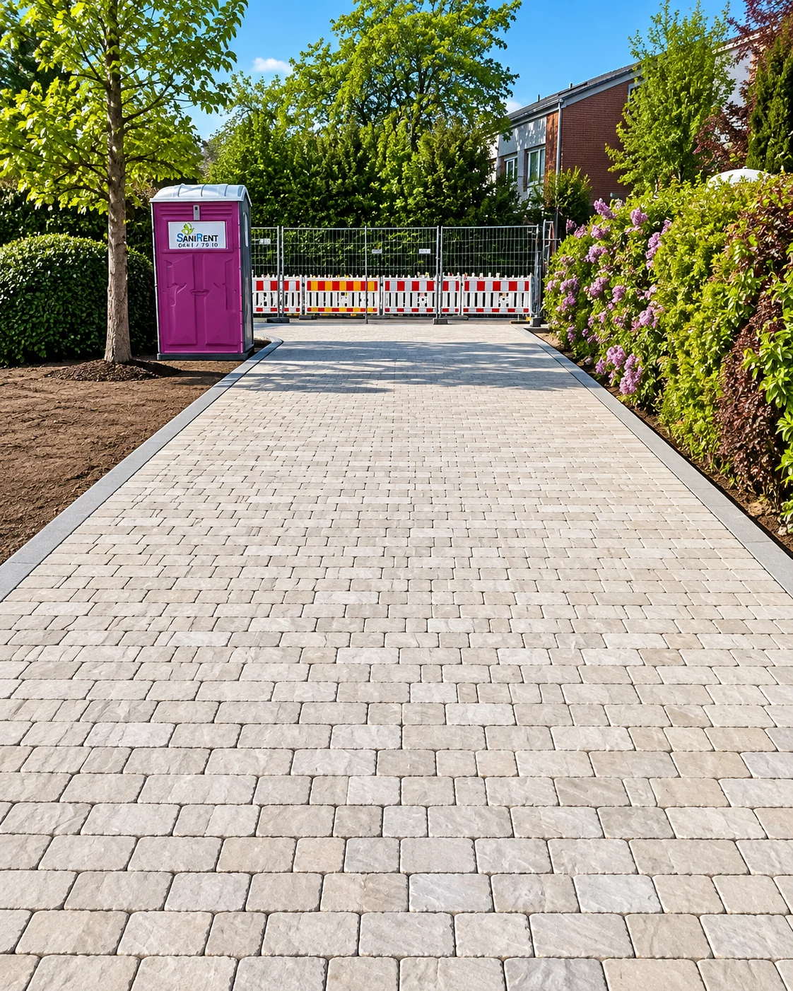 Pflasterfläche mit Zufahrt und angrenzendem Garten