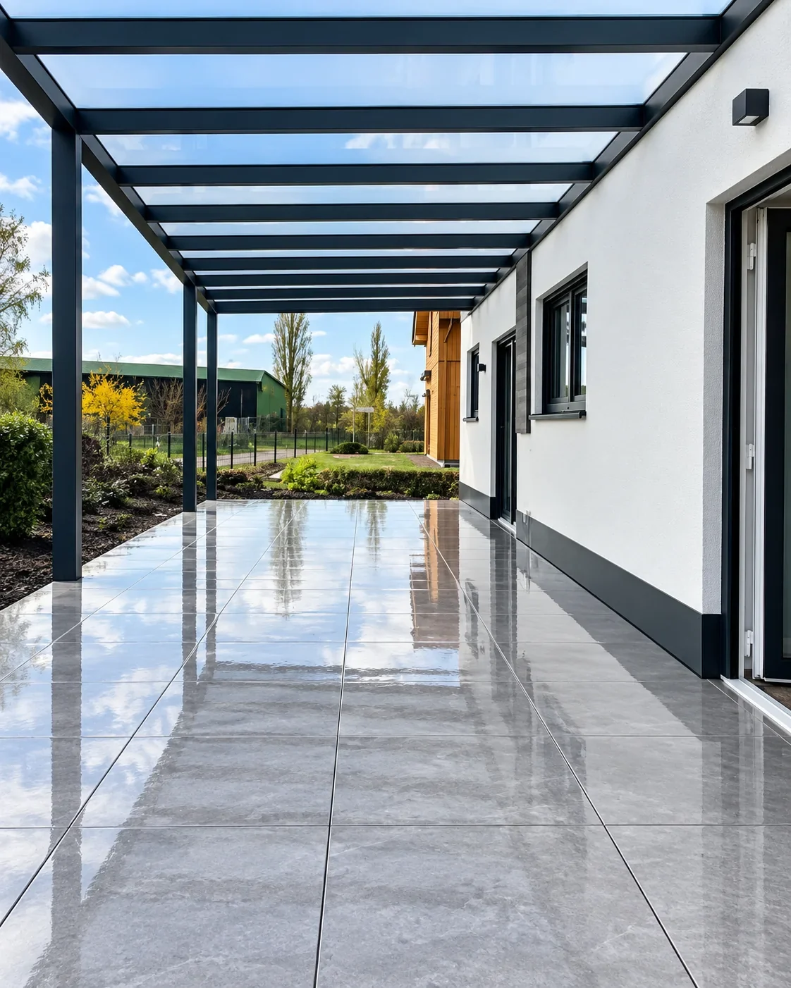 Großformatige Terrassenplatten unter einem Glasdach